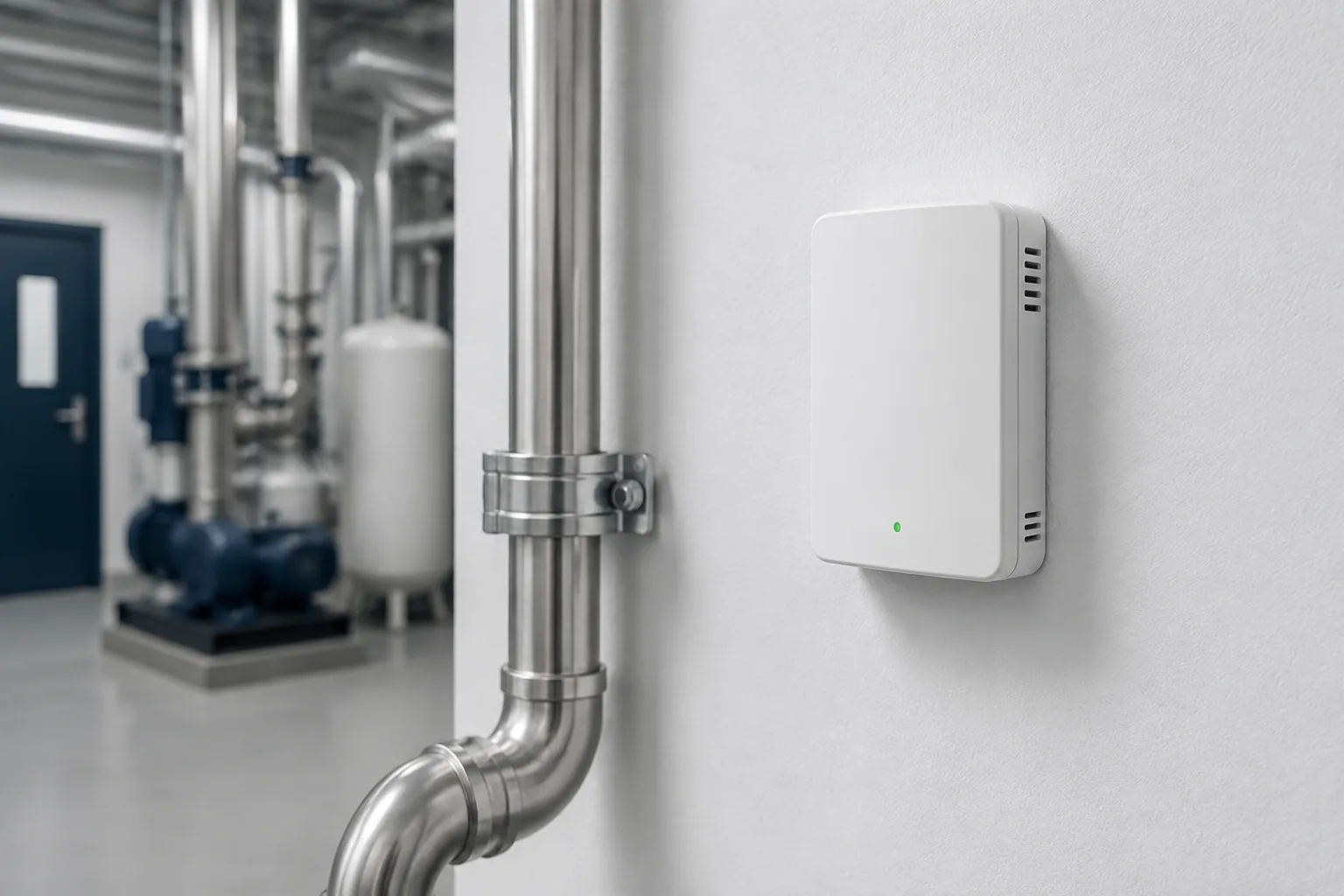 Environmental sensor mounted beside utility-room pipework, illustrative scene