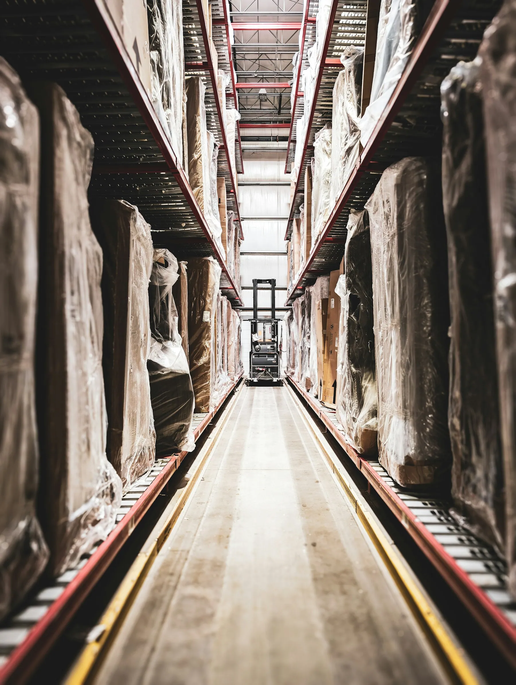 Tall storage racks along a warehouse aisle