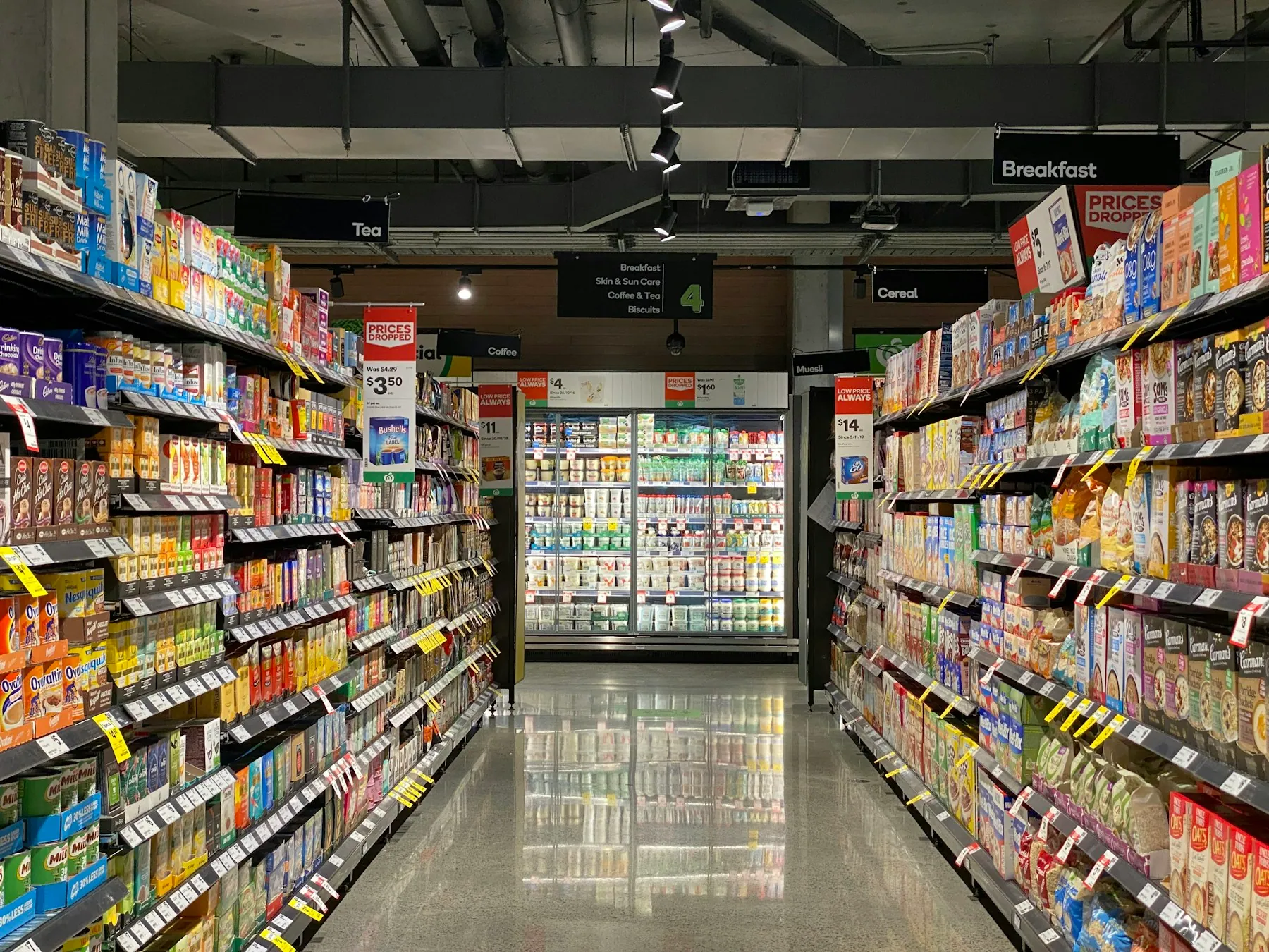 Stocked shelves in a grocery store